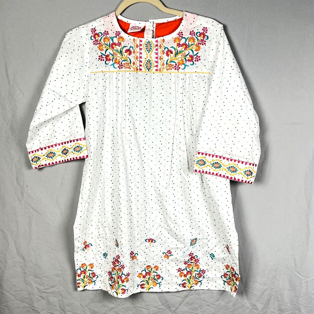 Disney Fairies Tunic Dress Girls 12 White Embroidered Polka Dot Boho Pixie Top